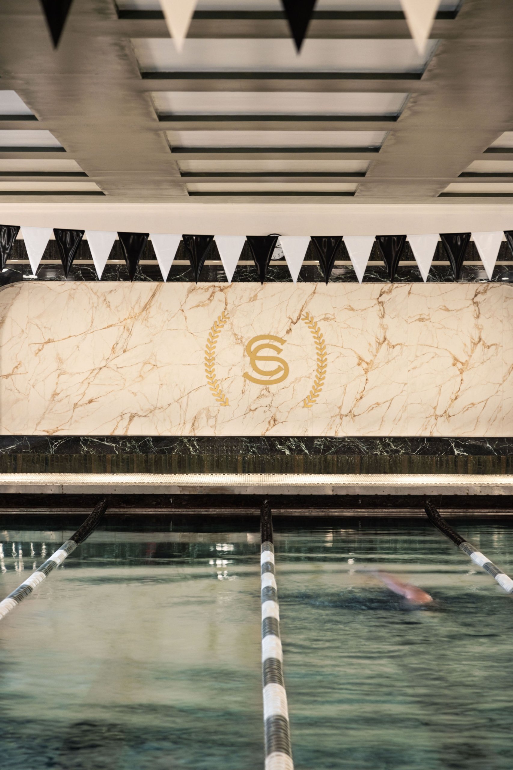 A person swimming toward us in a lap pool