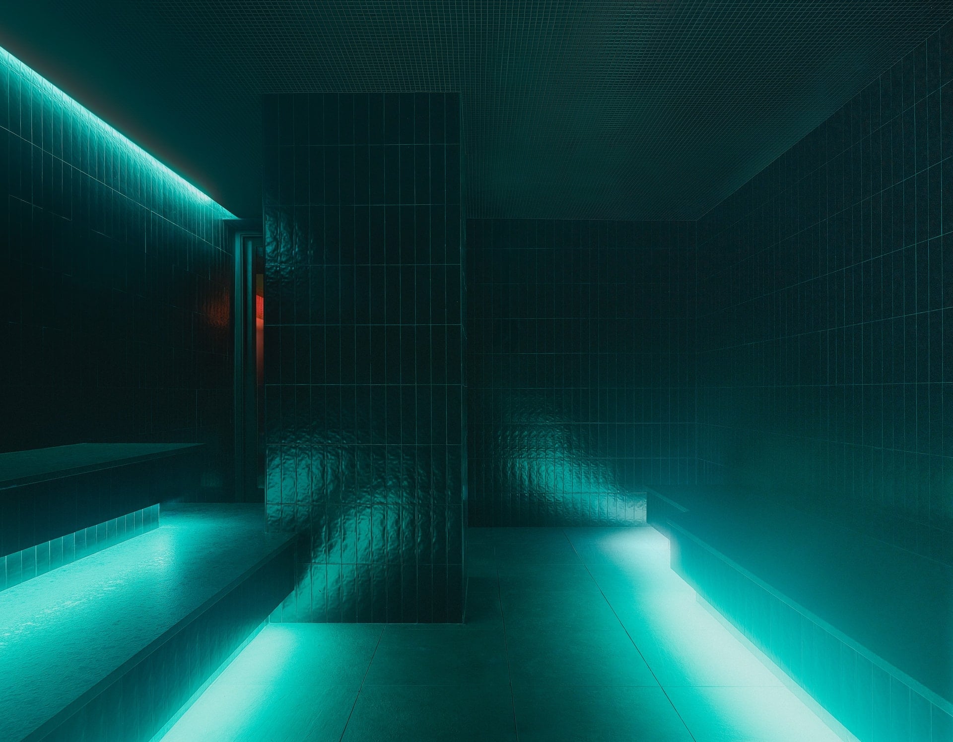 Steam room with blue lighting